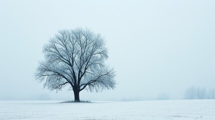 The picture of the single tree that has been covered with white snow in the middle of the empty snow land in the winter season and light from the sun can make everything bright clear on land. AIGX03.