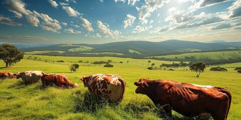 In the vast green pastures of an Australian farm, premium Wagyu and Angus cattle graze under the summer sun, preparing to yield exquisite meat for export to China, Generative AI  - obrazy, fototapety, plakaty