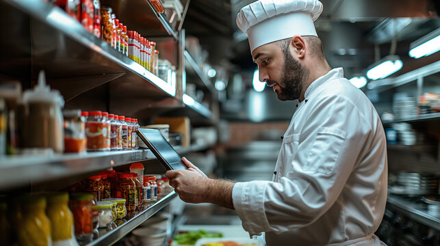 Professional Chef Using Tablet in Commercial Kitchen
