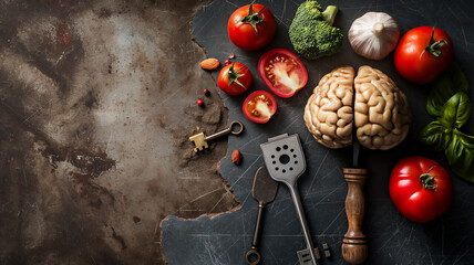 A creative still life of fresh vegetables and a brain model among vintage kitchen utensils. - obrazy, fototapety, plakaty