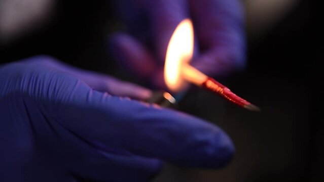 Male tattoo artist wearing blue glove using lighter flame to heat up the bamboo stick needle tip so the plastic wrap tighten the needle with the bamboo stick close up view shot