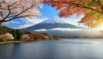 Papier Peint photo Lavable Couleur saumon 桜と紅葉と富士山