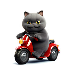 Cute cartoon cat driver. A prankish cat driving a motor scooter. AI generated.
