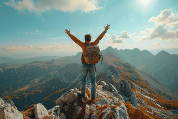 Positivity man raising his arms in celebration atop a mountain. Generative Ai