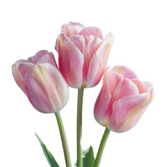 three pink tulips with green stems on a transparent background