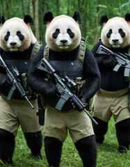 Fototapeta premium A group of panda armed with rifles and tactical equipment, hyper realistic
