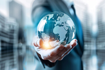 Close-up of a businessperson holding a transparent glass globe with a cityscape and sunlight in the background..
