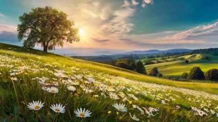 Landscape sunset fields with flowers
