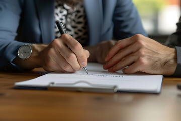 Focused young businessman signing agreement with skilled lawyer in eyeglasses. Concentrated...