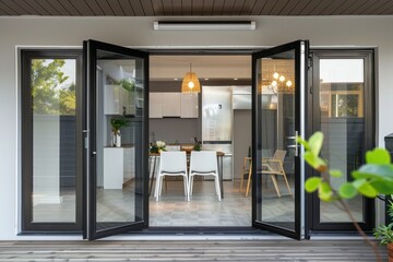Through an aluminum folding door, one may access the terrace. Generative Ai