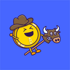 cartoon vector of bitcoin character cowboy riding stick bull toy illustrates being in a bullish state or bull market