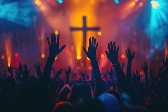 Worshiping Christians raise their hands in the air. Generative Ai