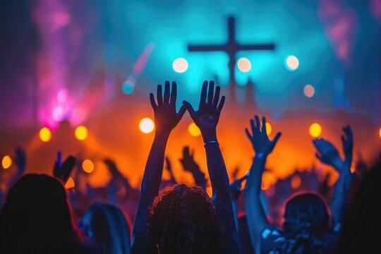 Worshiping Christians raise their hands in the air. Generative Ai