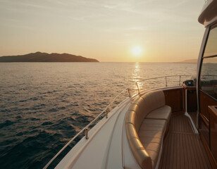back of a luxurious boat during sunset, surrounding by island