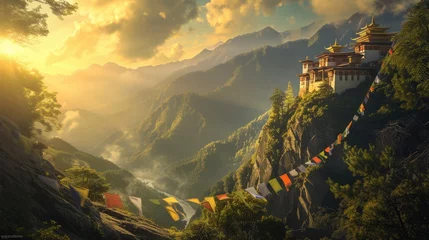 Fotobehang Sunrise illuminates a Himalayan temple and vibrant prayer flags, with the majestic snow-capped mountains creating a breathtaking backdrop. A tranquil monastery high in the mountains. Resplendent. © Summit Art Creations