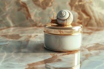 photo white cream container with a golden lid with a snail on top on a shiny white table, Korean skincare