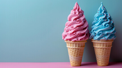 Top view horizontal banner set of two pink and blue ice cream in waffle cone isolated on blue background, copy space. Space for text - Powered by Adobe