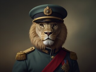 Funny anthropomorphic lion army officer meme - obrazy, fototapety, plakaty