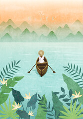 A woman rows with oars while sitting in a boat. Peaceful river, surrounded by lush greenery beauty nature. Tranquil sunset, Mountain landscape. Spring, summer concept. Flat vector illustration. - 771959407
