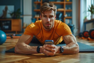 Young man using timer or fitness workout app on mobile phone while doing low forearm elbow plank position exercise for abdominal muscles on floor in living room with dumbbells and other, Generative AI
