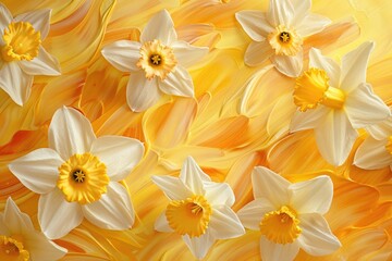 Obraz na płótnie Canvas Whirling abstract daffodil motifs, reminiscent of golden trumpets, adorn a backdrop of sunlit yellow, infusing the scene with the joyous spirit of culinary celebration.
