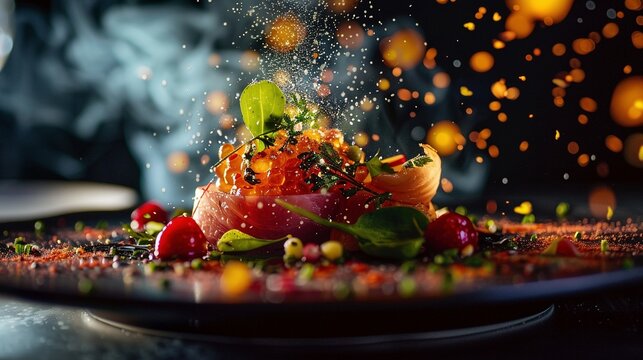 Exquisito plato de salmón adornado con caviar y hierbas frescas, capturado en un momento vibrante