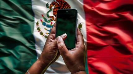 Hands with mobile phone with a Mexican flag on the background..