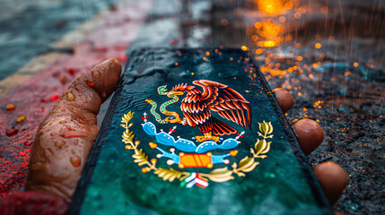 Hand holding mobile phone in a rain with national emblem of Mexico Coat of Arms