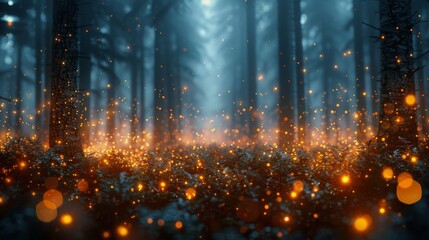 Bokeh lights shining through a dense misty forest.