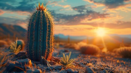 Towering cactus set against the golden hues of a desert sunset.
 - obrazy, fototapety, plakaty