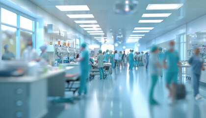 Blurred background of a busy hospital ward with doctors and nurses working around beds filled with medical equipment