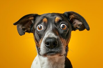 Funny portrait of a dog whose face shows stress, alertness, worry, fear, and begging. Stands out against a yellow background. Generative AI 