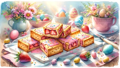 Fototapeta na wymiar Watercolor Painting of Strawberry Pop-Tart Blondies, in Easter Day Theme