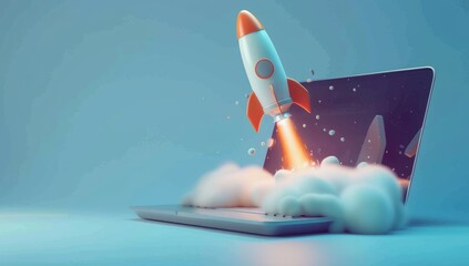 Sleek rocket blasting off from an open laptop screen, symbolizing a groundbreaking startup launch, innovative business concept, and the dynamic initiation of a new entrepreneurial venture. - obrazy, fototapety, plakaty