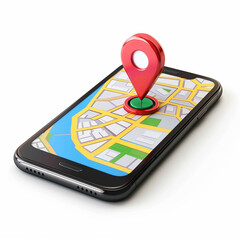 mobile phone  Turn on the screen map and pin isolated on white background