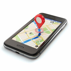 mobile phone  Turn on the screen map and pin isolated on white background