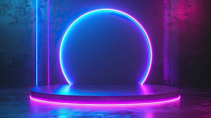 Background podium 3d light game circle blue neon stage screen hologram platform - obrazy, fototapety, plakaty