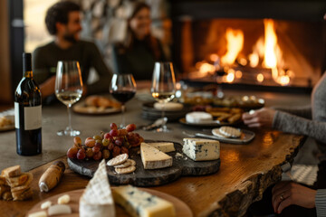Fototapeta na wymiar People eating cheese and drinking wine in front of a fireplace in a cottage. Generative AI