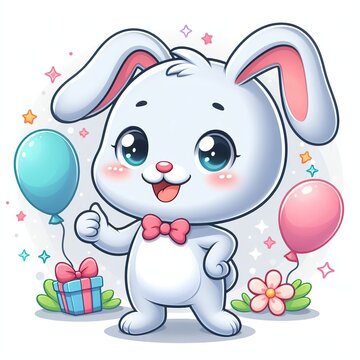 simple drawing of a white rabbit with big eyes, animated picture, on a white background, holoboy and pink balloons