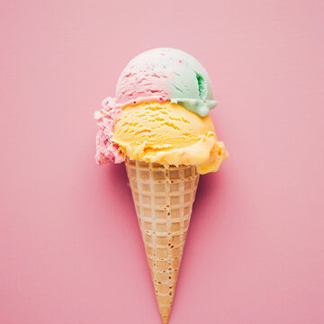Overhead shot of ice cream with two scoope in waffle cone on pink background. Top view, copy space. High quality beautiful photo sweet concept