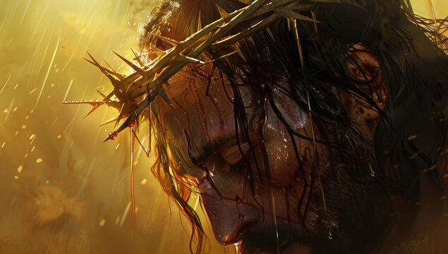 Jesus' face, wearing a crown of thorns and tears running down his cheeks