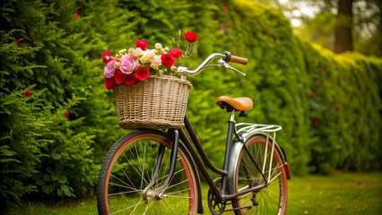 Fototapeta na wymiar A Bike With a Flower-Filled Basket in a Lush Green Backdrop, a Valentine Concept