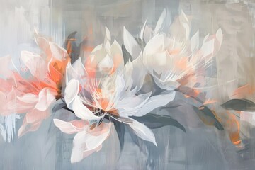 Whimsical abstract blooms burst forth against a backdrop of soft dove gray, infusing the scene with the tranquility of culinary creativity. - obrazy, fototapety, plakaty