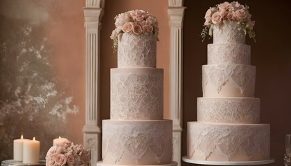 A majestic wedding cake, rising tall and proud with tiers adorned in intricate lace patterns and delicate sugar flowers, bathed in the soft hues of twilight against the enchanting silhouette of an Ita