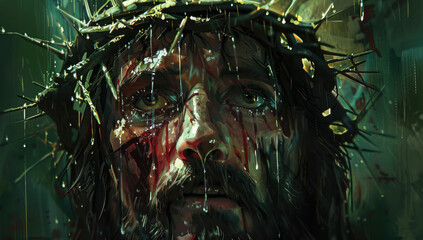 Naklejka premium Jesus' face, wearing a crown of thorns and tears running down his cheeks