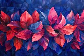 Vibrant petals intertwine, forming abstract culinary floral motifs against a backdrop of rich cobalt blue. - obrazy, fototapety, plakaty