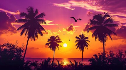 Fototapeta na wymiar Sunset Silhouettes Craft a featuring silhouettes of palm trees and birds against a backdrop of purple and yellow hues, capturing the warmth and tranquility of a tropical sunset ,clean sharp