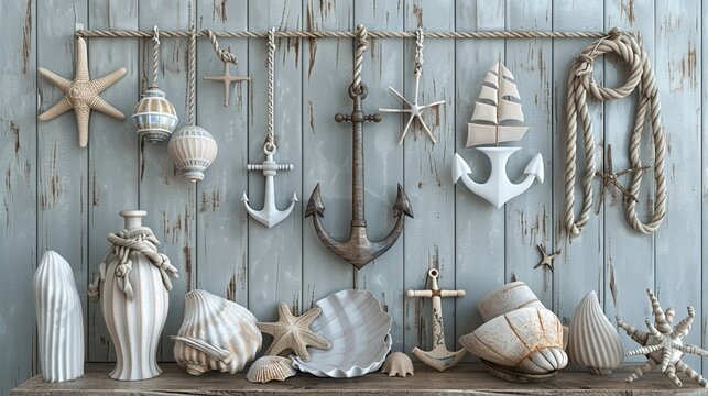 Nautical Charm Craft a inspired by nautical motifs such as anchors, sailboats, ropes, and seagulls, capturing the timeless elegance of coastal living , 3D render
