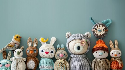 Cute Critter Crew Craft a featuring adorable stitched animals such as bears, rabbits, and birds arranged in playful and whimsical compositions for a charming and childfriendly ,high detailed - obrazy, fototapety, plakaty