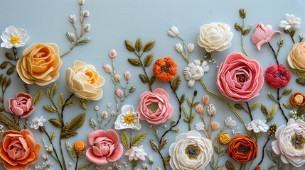 Embroidered Florals Create a showcasing delicate embroidered flowers such as roses, daisies, and tulips arranged in a whimsical and romantic composition for a soft and feminine touch , vibrant color - obrazy, fototapety, plakaty